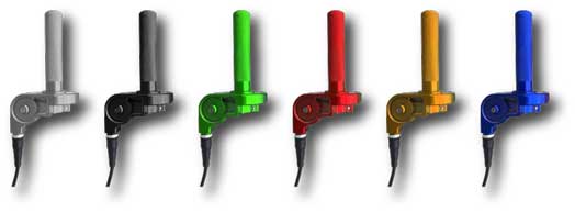 pw50 CNC billet throttle assembly in anodized aluminum colorsblue, red, green, gold, black, and silver with cable